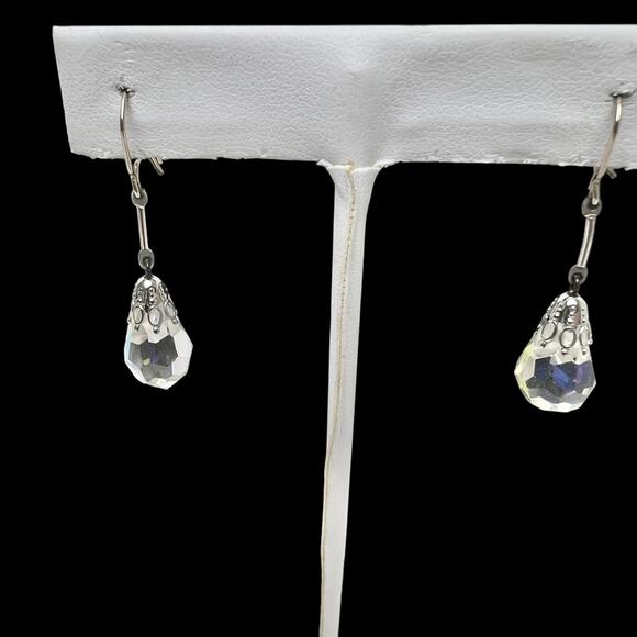 Iridescent Dangle Earrings Faceted Glass Pierced Drop Silver Tone Wire Hook - Picture 3 of 10